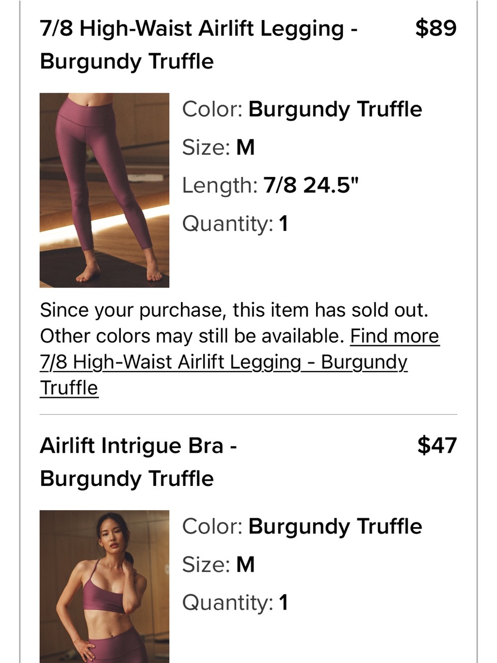 ALO Yoga Burgundy Truffle 7/8 High-Waist Airlift Leggings & Airlift Intrigue Bra